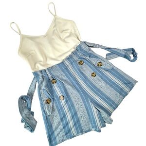 Almost Famous Blue and White V-neck Spaghetti Strap Stretchy Romper Sz M